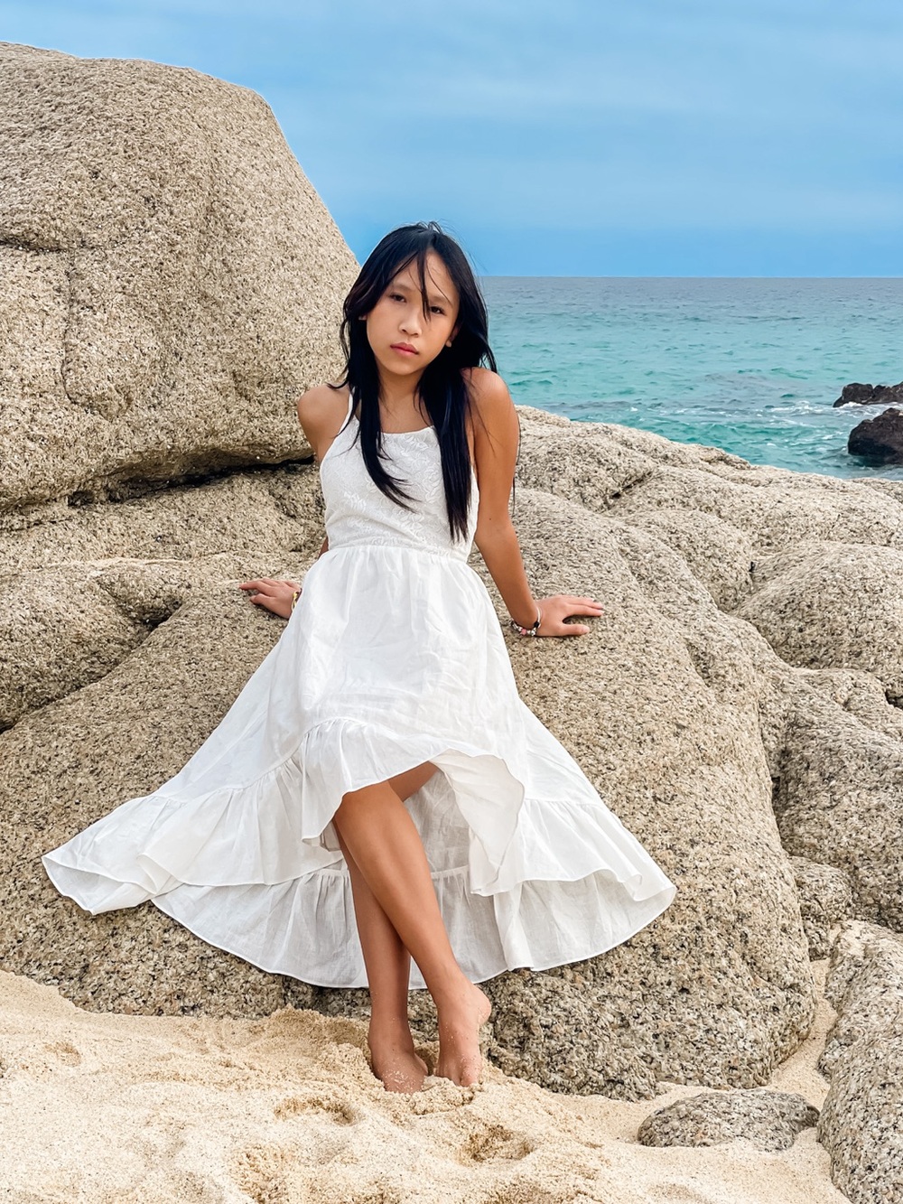 Boho Flower Girl Beach Fairycore White Lace & Linen High Low Summer Dress Stella
